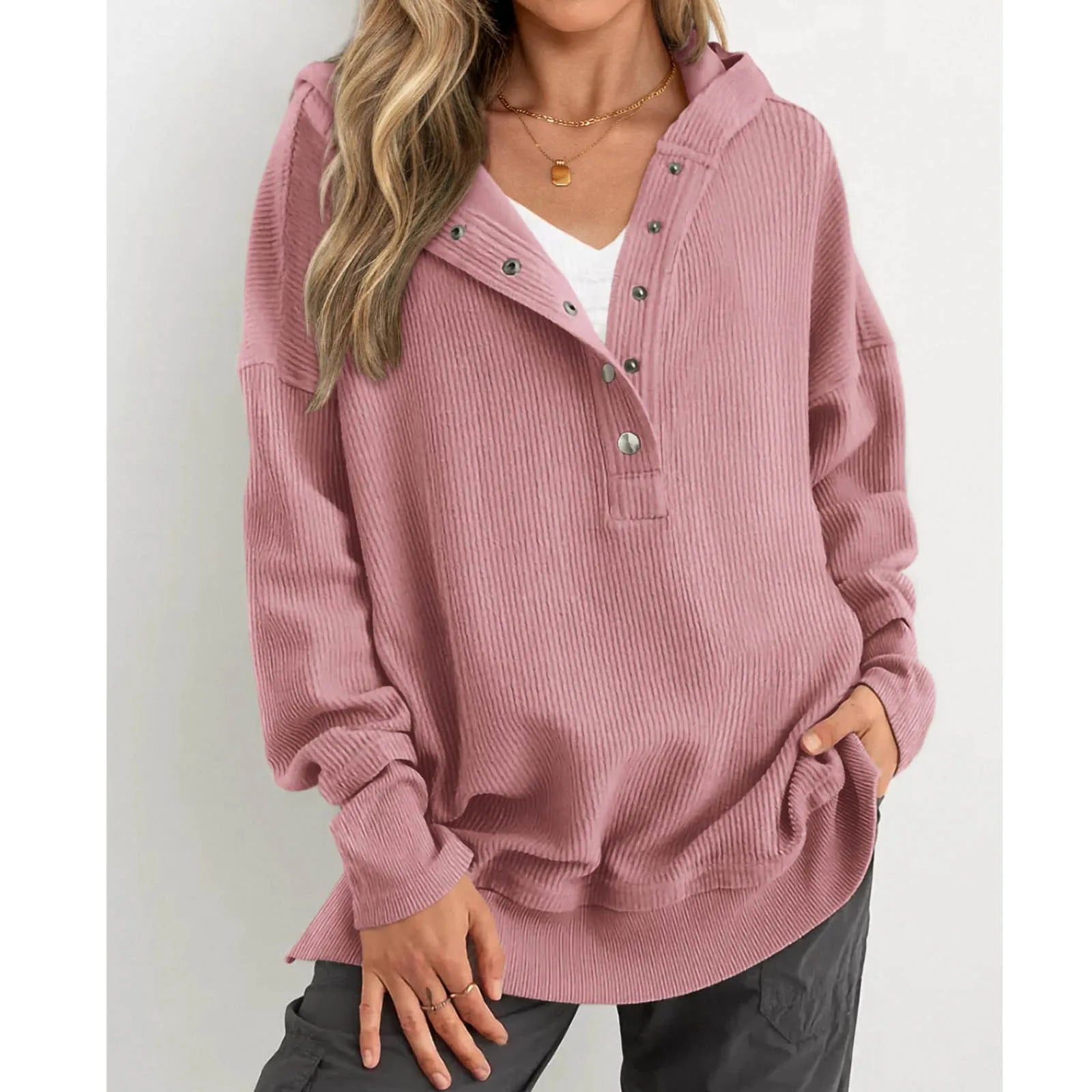 Oversized Women Pullover Hoodie - Snap V-Neck, Ribbed - Tophatter Daily Deals