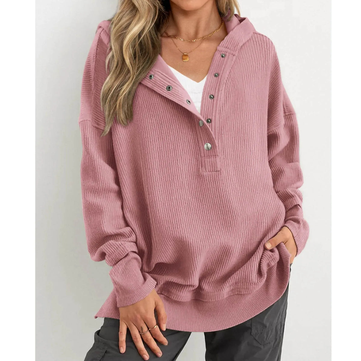 Oversized Women Pullover Hoodie - Snap V-Neck, Ribbed - Tophatter Daily Deals