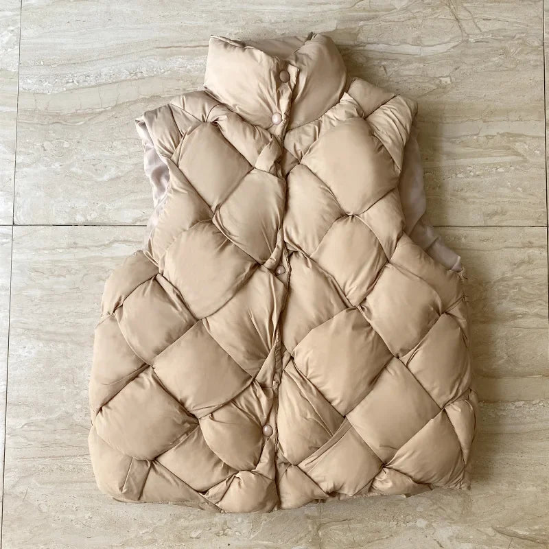 Insulating Women Puffer Vest - Boxy Quilt Polyfill Winter Khaki - Tophatter Daily Deals