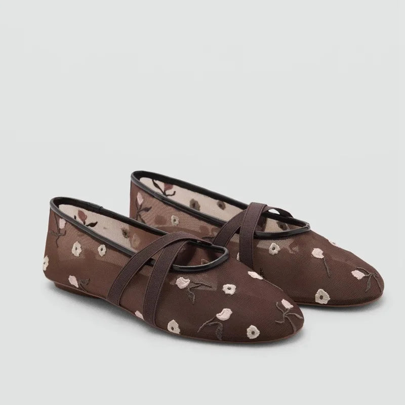 Lightweight Women Ballet Flats - Mary Jane, Embroidered Mesh Brown - Tophatter Daily Deals