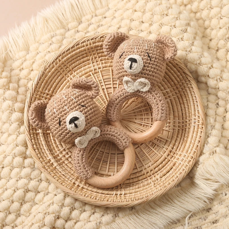 Crochet Bear Teether Rattle Ring Newborn Sensory Toys - Tophatter Daily Deals