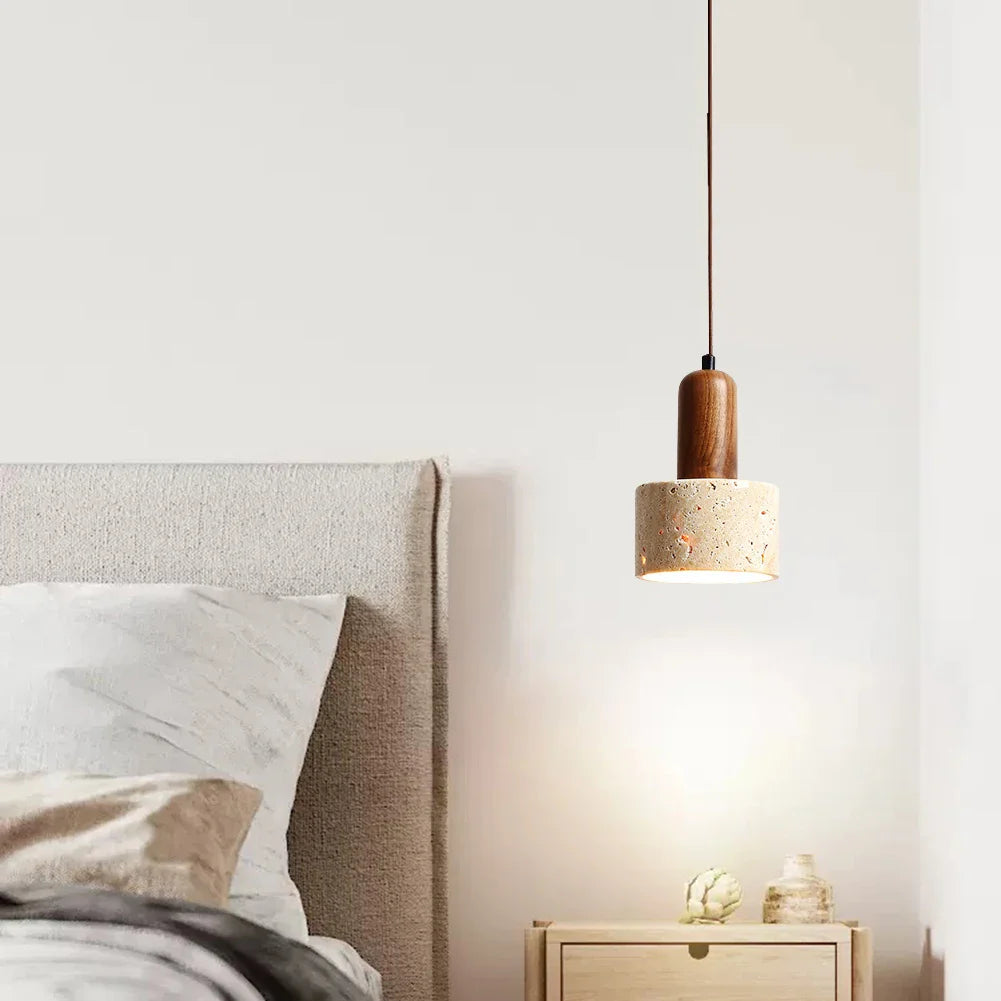 Japandi Japanese Pendant Light Wood And Travertine Bedside Lamp - Tophatter Daily Deals