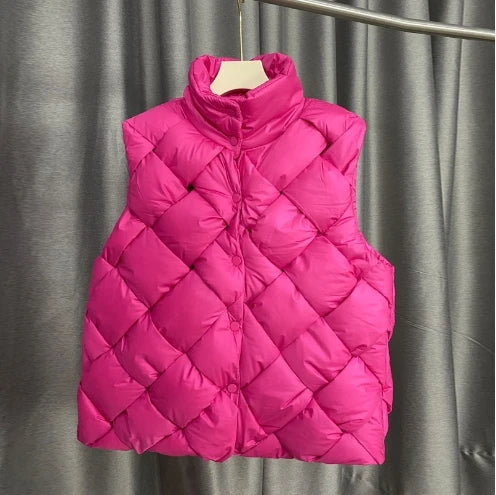 Insulating Women Puffer Vest - Boxy Quilt Polyfill Winter Rose Red - Tophatter Daily Deals