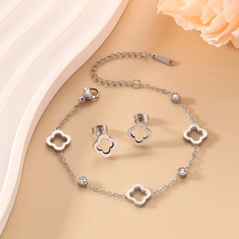 Clover Flower Stainless Steel Bracelet Set Gold Gift S7-3pcs-silvery - Tophatter Daily Deals