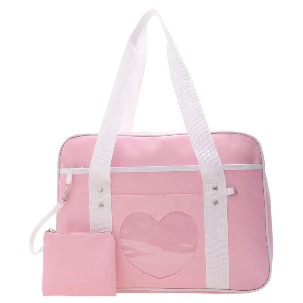 Heart PU Leather Laptop Bag Pastel Handbag Top Handle Japanese Style School Bag Pink - Tophatter Daily Deals