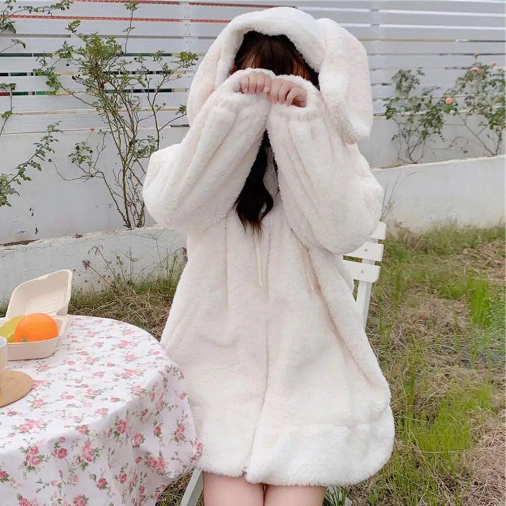 Hoodie Winter Bunny Ears White Black Pink Sweatshirt Long Sleeve Zip Up Hoodies Animals - Tophatter Daily Deals