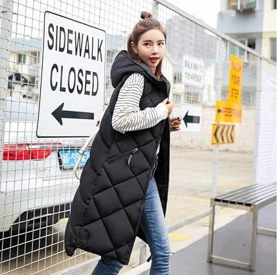 Lightweight Women's Long Puffer Vest - Hooded Cotton Winter Black - Tophatter Daily Deals