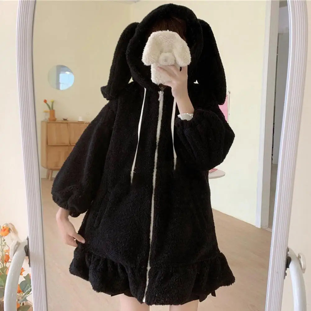 Hoodie Winter Bunny Ears White Black Pink Sweatshirt Long Sleeve Zip Up Hoodies Animals - Tophatter Daily Deals
