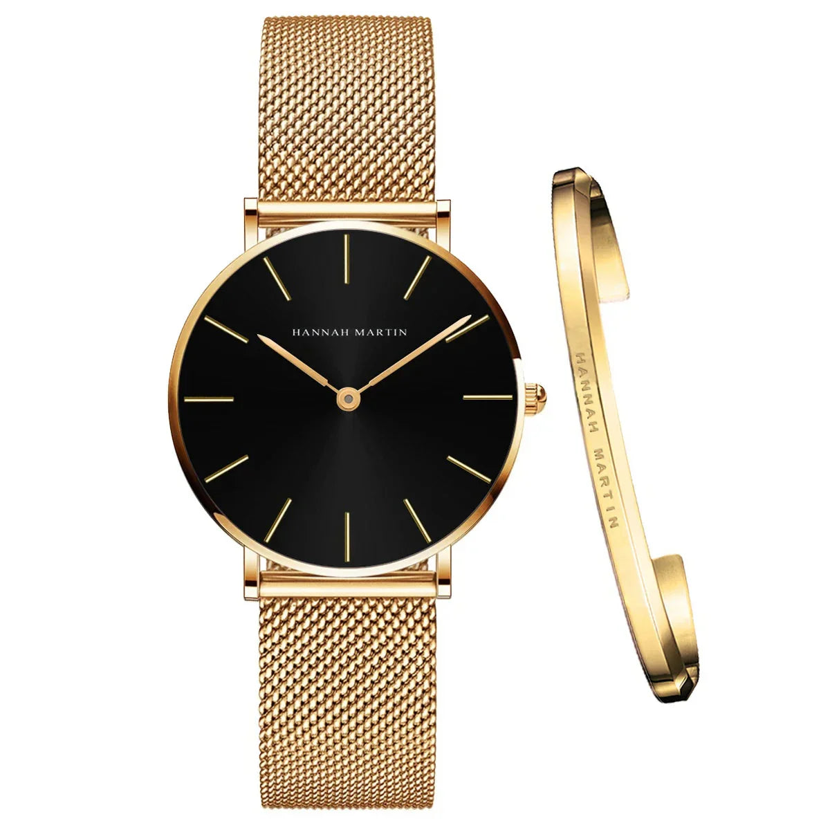 Women's Mesh Bracelet Watch Set (Black Gold) Apparel & Accessories > Jewelry > Watches - Tophatter Daily Deals