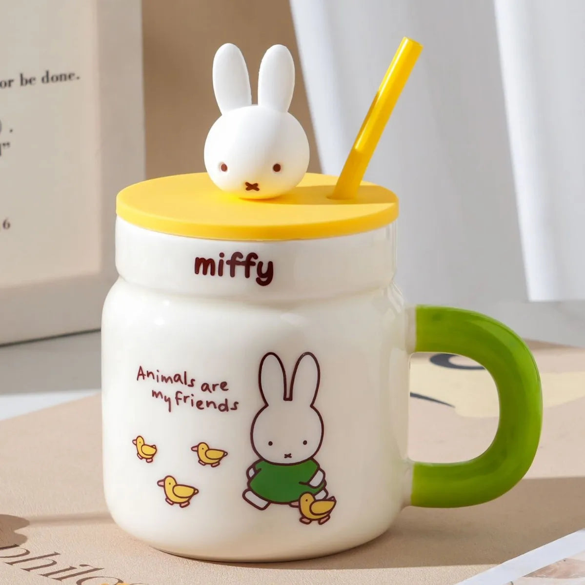 Miffy Ceramic Cup With Straw 540ml Yellow Animals - Tophatter Daily Deals