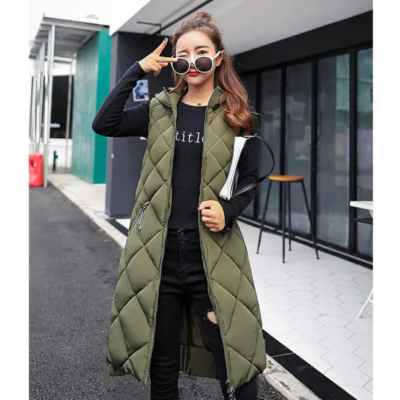 Lightweight Women's Long Puffer Vest - Hooded Cotton Winter Green - Tophatter Daily Deals
