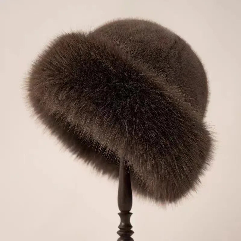 Insulating Women's Faux Fur Winter Hat - Rolled Brim, Plush Brown - Tophatter Daily Deals