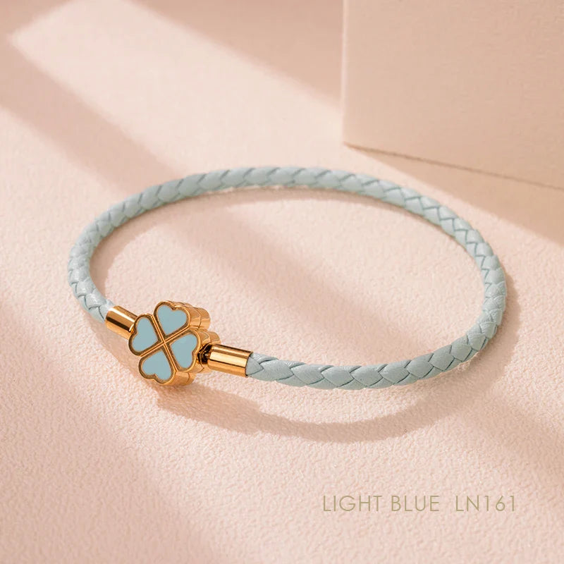 Four Leaf Clover Braided Leather Lucky Bracelet Gift Light Blue CHINA - Tophatter Daily Deals
