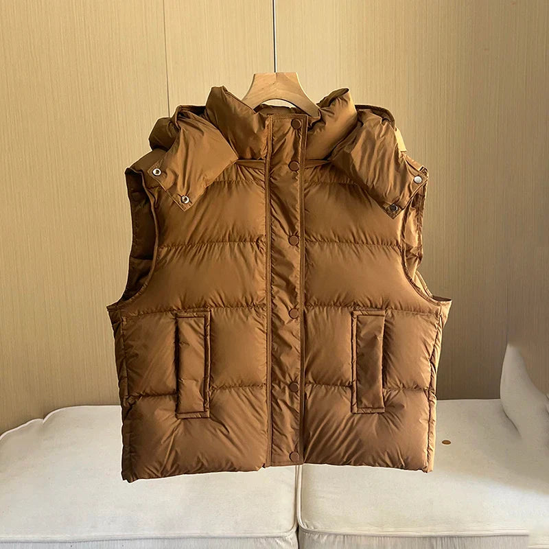 Insulating Women’s Hooded Puff Vest - Hip-Length, Down Brown - Tophatter Daily Deals