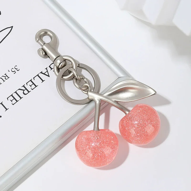 Red Cherry Keychain Bag Charm With Gold Leaf Lobster Clasp Silver Pink - Tophatter Daily Deals