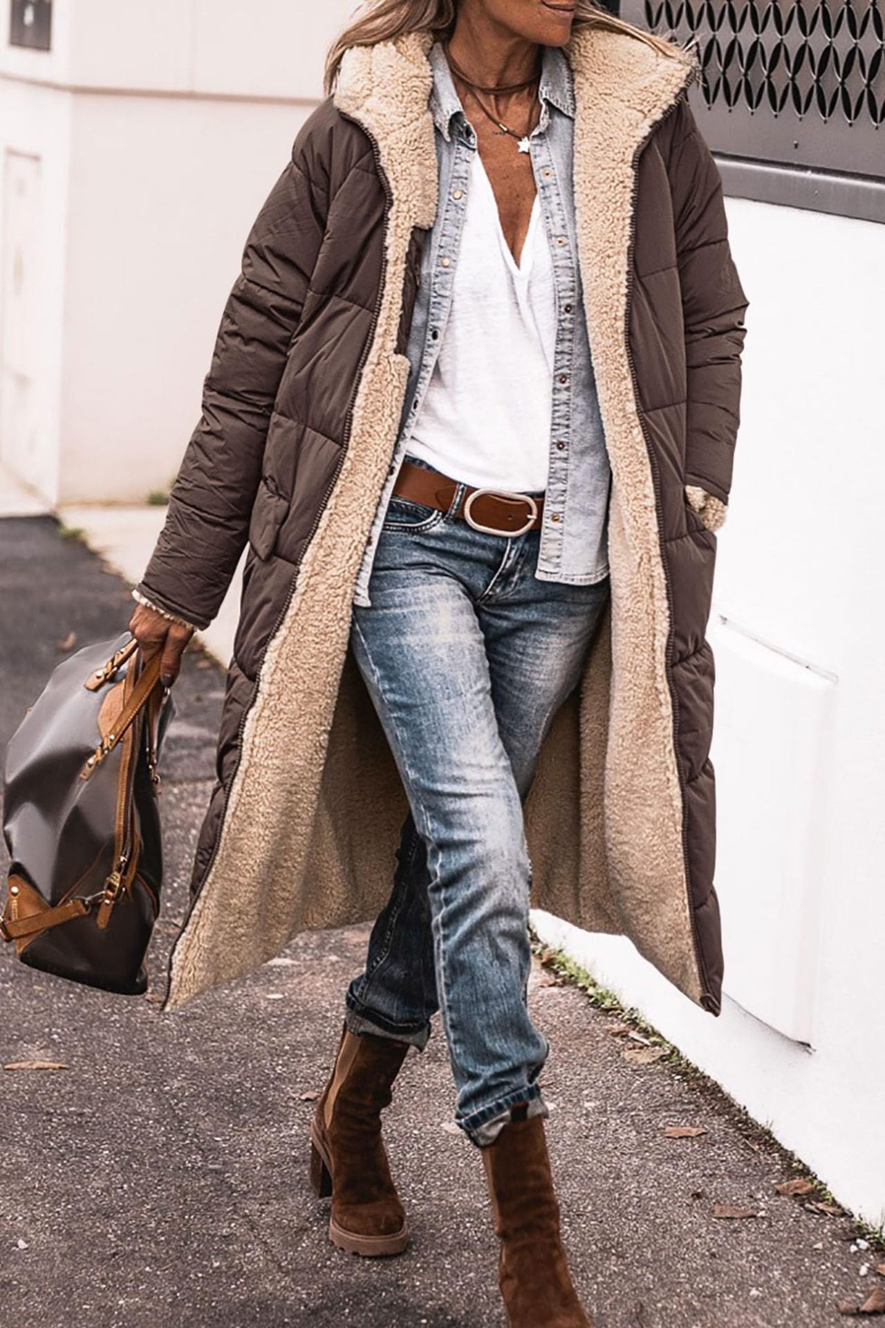 Warm Women’s Reversible Long Coat - Quilted Sherpa Hooded olive green - Tophatter Daily Deals