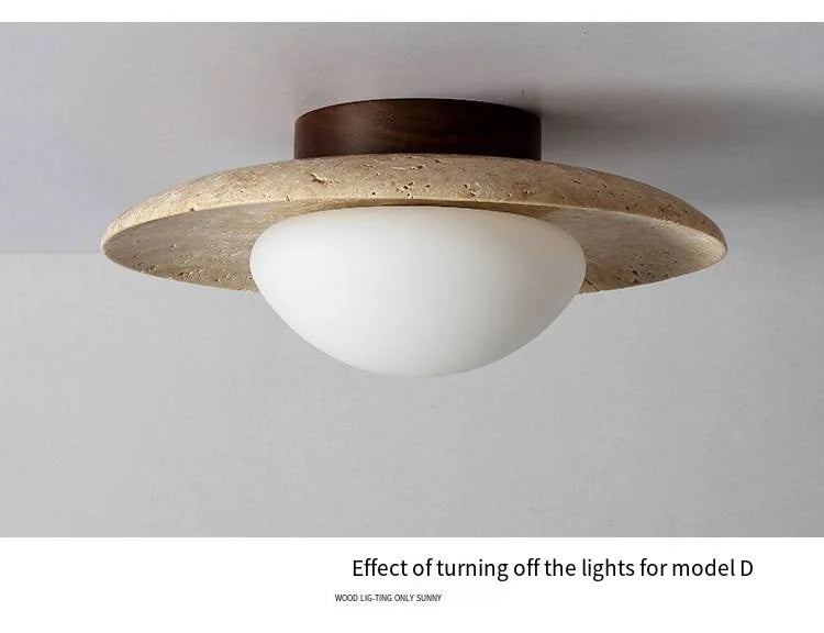 Japandi Travertine Ceiling Light Wood Cap Round Mid Century Lamp - Tophatter Daily Deals