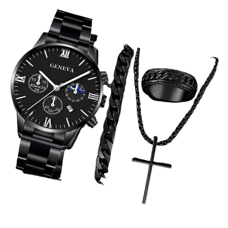 4PCS Men's Stainless Steel Quartz Watch Set (W118-B) Apparel & Accessories > Jewelry > Watches - Tophatter Daily Deals