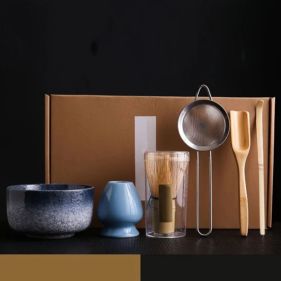 Matcha Tea Set 6Pc Ceramic Bowl Whisk Spoon Gift Ceremony Kiln Turning Blue - Tophatter Daily Deals
