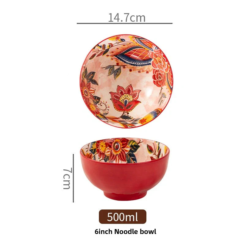 Bohemian Ceramic Rice Bowl Retro Noodle Bowl Kitchen Gift Flower-6inch - Tophatter Daily Deals