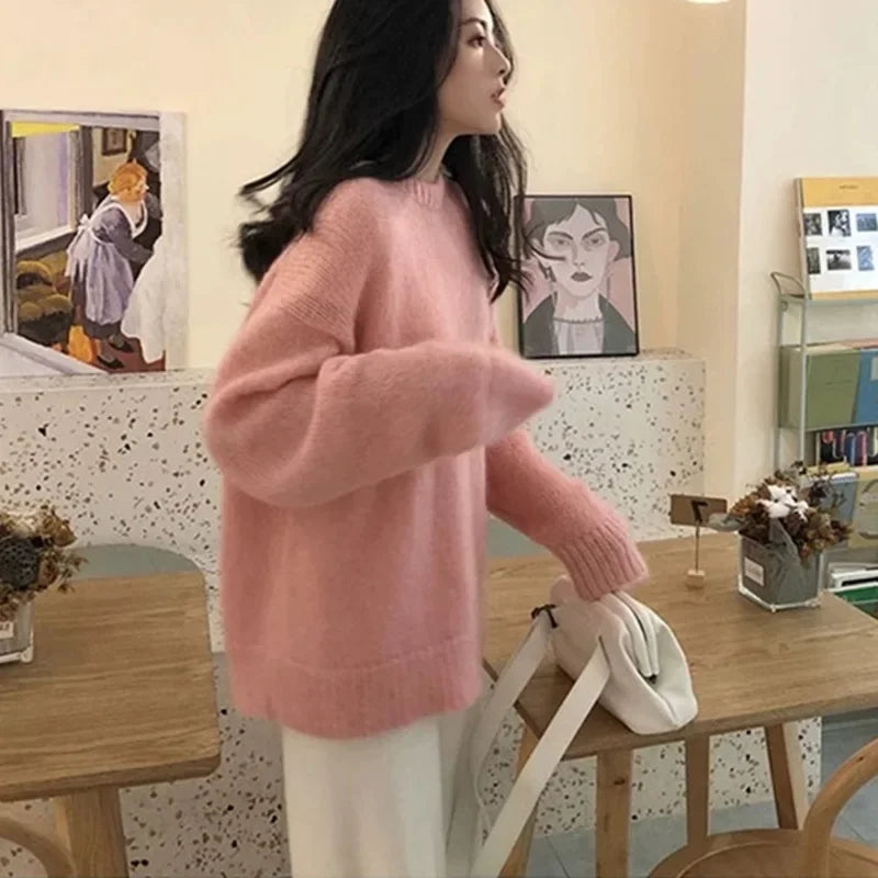 Cozy Oversized Women’s Pullover Sweater - Round Neck Knit Pink One Size - Tophatter Daily Deals