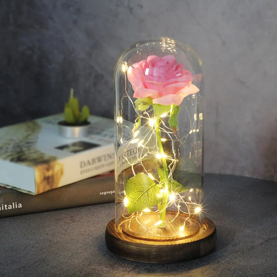 Beauty & The Beast Eternal Red Rose In Glass Dome with LED Lights Soft Pink Flowers - Tophatter Daily Deals