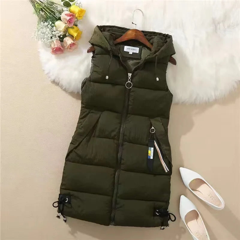 Warm Cozy Women’s Puffer Vest – Long Quilted, Cotton Shell Army Green - Tophatter Daily Deals