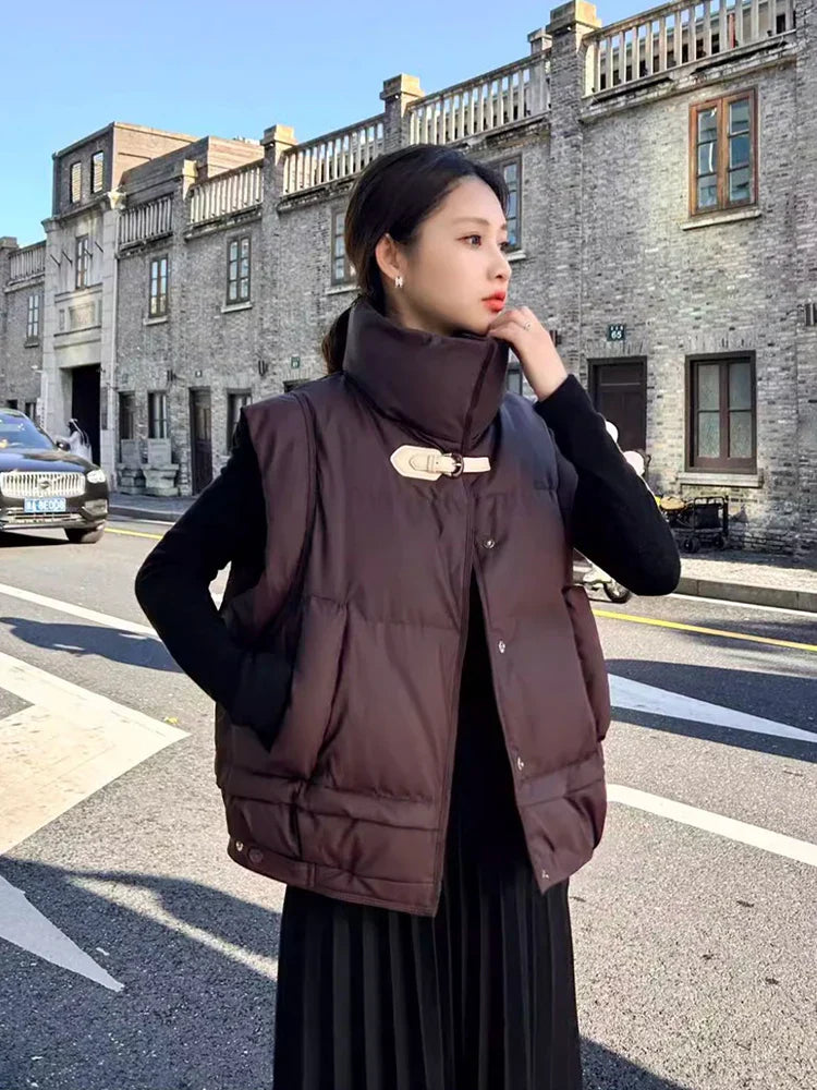 Warm Women’s Down Vest - Cropped Boxy, PU, Winter Layering - Tophatter Daily Deals