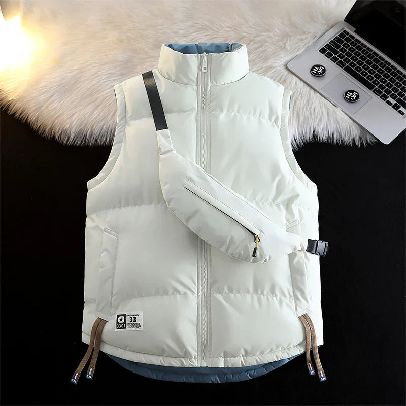 Warm Relaxed Men Puffer Vest - Stand Collar Quilted Autumn white - Tophatter Daily Deals