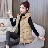 Warm Cozy Women Puffer Vest - Hooded Midlength, Winter Khaki - Tophatter Daily Deals