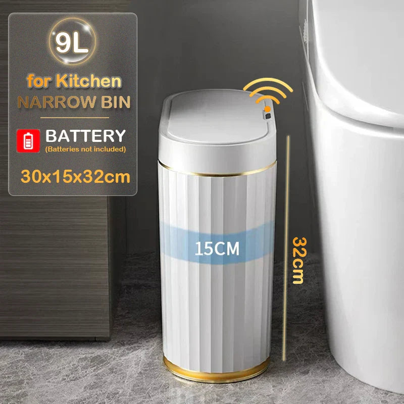 Automatic Sensor Trash Can Narrow Roman Stripe Bathroom Bin 9L gold battery - Tophatter Daily Deals