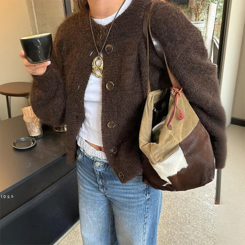 Warm Women’s Button-Up Cardigan - Waist Length Wool Mohair Brown - Tophatter Daily Deals