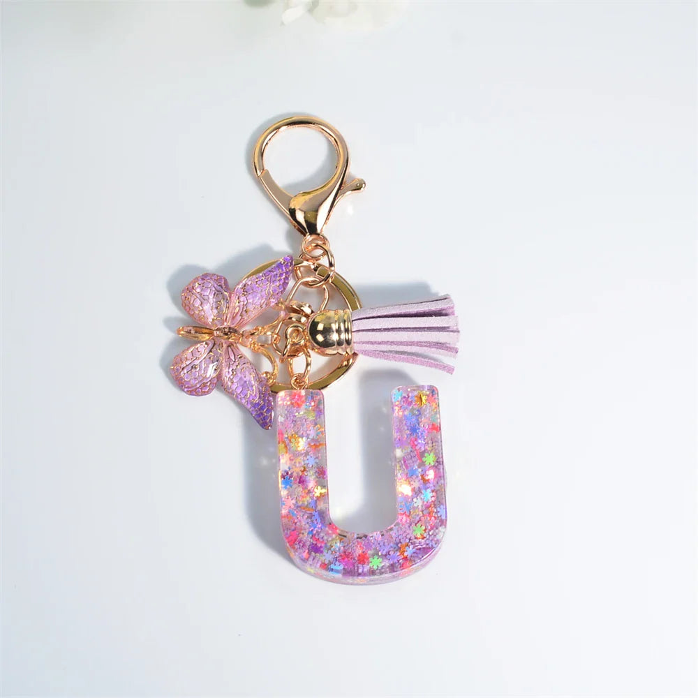 Sequin Letter Keychain With Butterfly Tassel Charm U 55mm - Tophatter Daily Deals