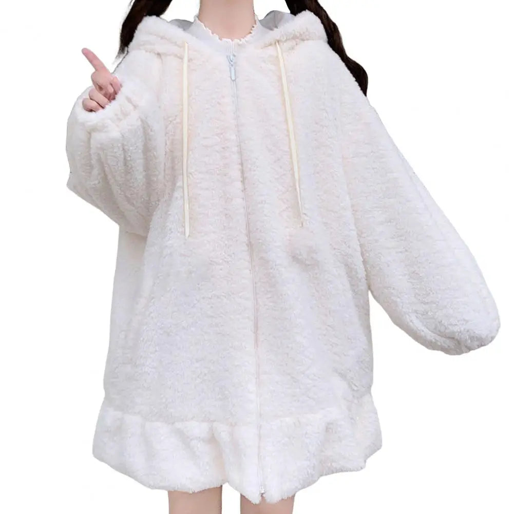 Hoodie Winter Bunny Ears White Black Pink Sweatshirt Long Sleeve Zip Up Hoodies White Animals - Tophatter Daily Deals