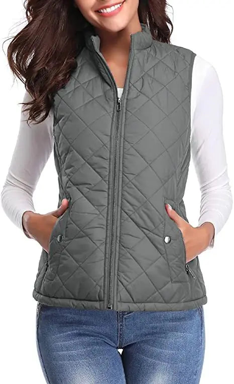 Lightweight Women Quilted Vest - Stand Collar Cotton Winter Dark Grey - Tophatter Daily Deals