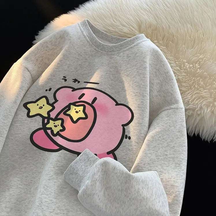 Kirby Super Star Pure Cotton Sweater Plush Thickened Oversize Loose Round Neck Grey White Anime - Tophatter Daily Deals