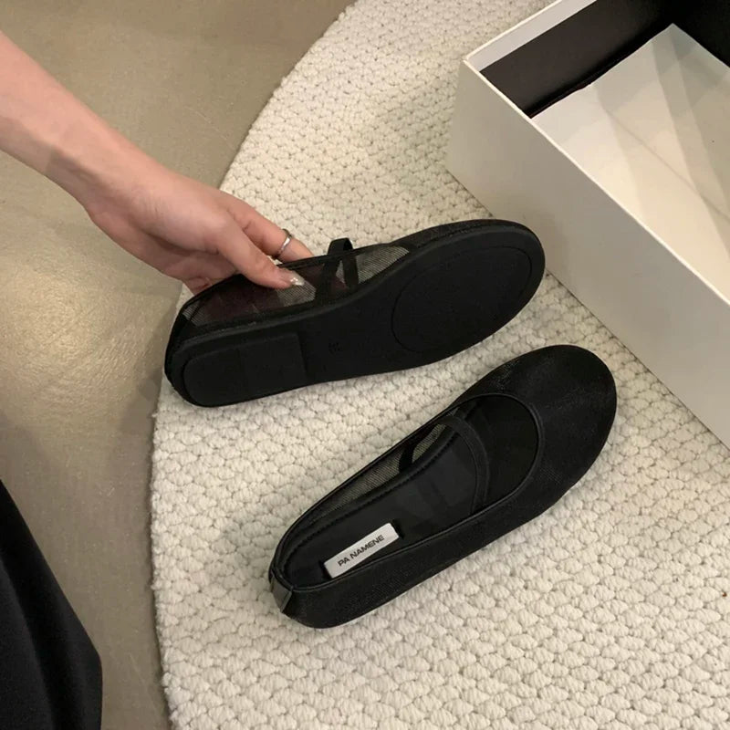 Lightweight Women’s Mary Jane Flats - Shallow Mesh, Casual Black - Tophatter Daily Deals