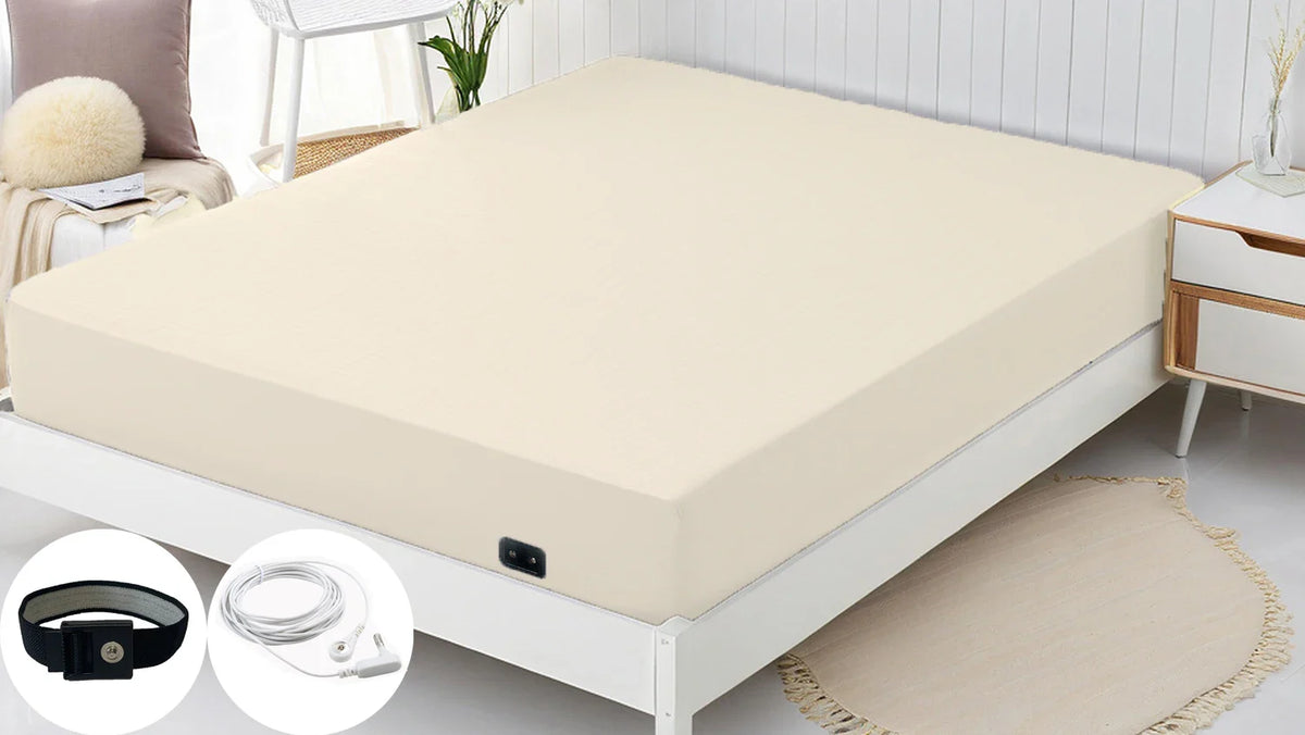 Earthing Fitted Sheet Grounding Silver Fiber Mattress Beige with US plug 120x200cm - Tophatter Daily Deals