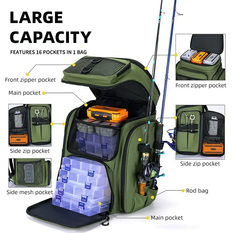 Tackle Backpack with Rod Holders Camping Green Backpacks - Tophatter Daily Deals