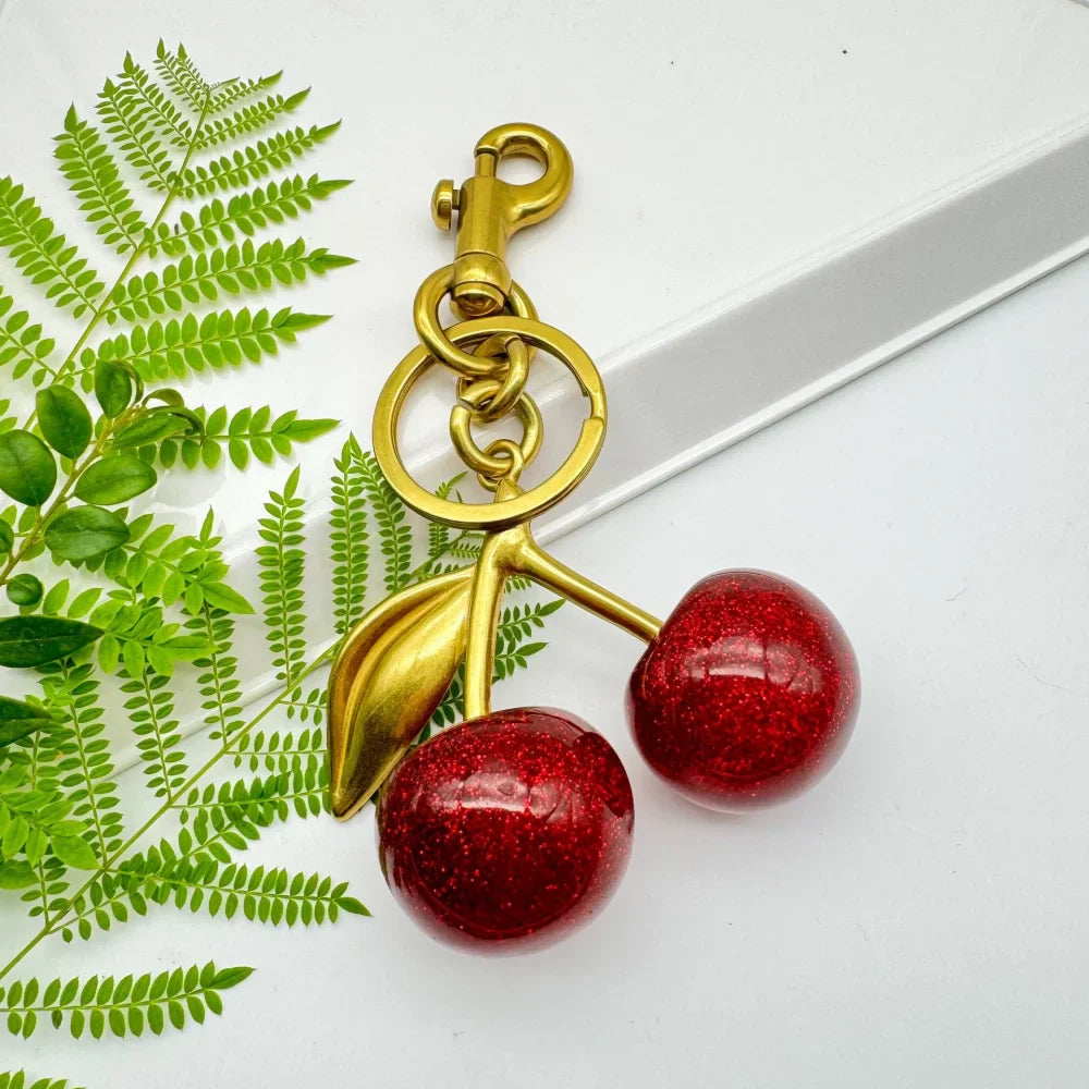 Red Cherry Keychain Bag Charm With Gold Leaf Lobster Clasp Antique Gold Color - Tophatter Daily Deals