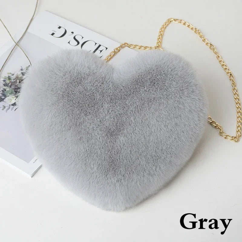 Faux Fur Heart Bag Furry With Gold Chain Handbag Crossbody Grey Mythical - Tophatter Daily Deals