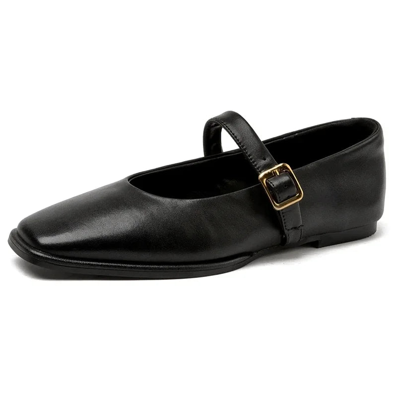 Supportive Women Mary Jane Flats - Square Toe, Leather Black - Tophatter Daily Deals