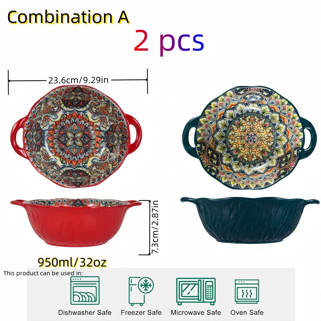 Ceramic Soup Bowl Bohemian Handle Embossed Microwave 9.29in bowl A 2Pcs 7.5 inch - Tophatter Daily Deals