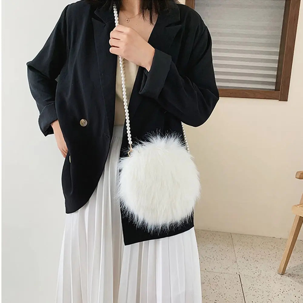 Faux Fur Fluffy White Bag Crossbody Handbag Pearl Strap Mythical - Tophatter Daily Deals