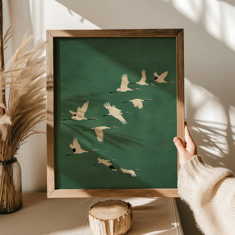 Cranes Wall Art Emerald Green Canvas With Gold Accents - Tophatter Daily Deals