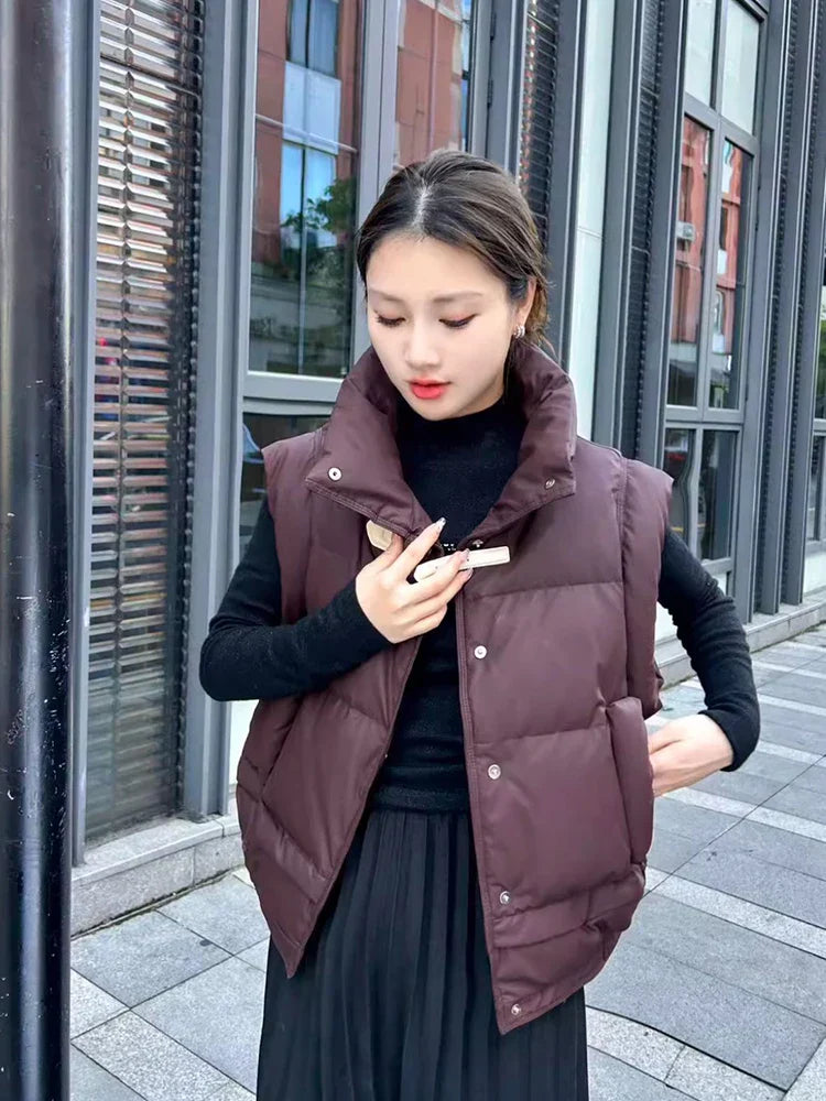 Warm Women’s Down Vest - Cropped Boxy, PU, Winter Layering - Tophatter Daily Deals