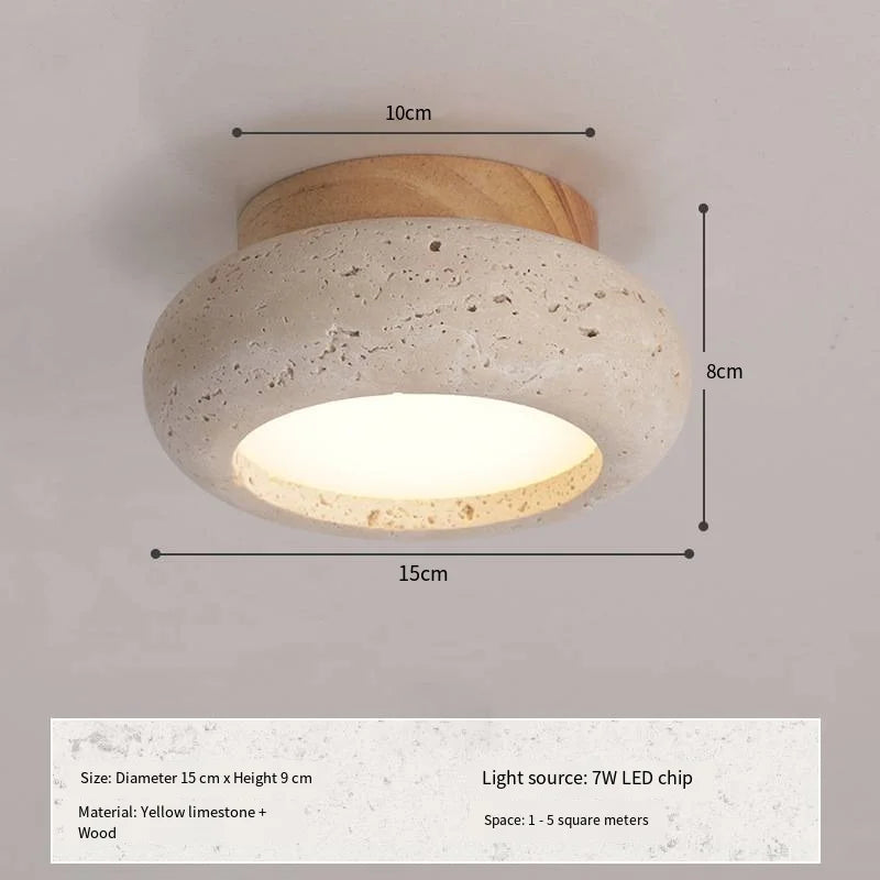 Japandi Travertine Ceiling Light Wood Cap Round Mid Century Lamp K-02 - Tophatter Daily Deals