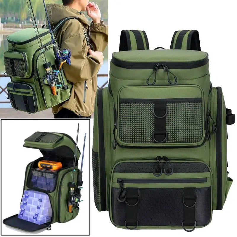 Tackle Backpack with Rod Holders Camping Green Backpacks - Tophatter Daily Deals