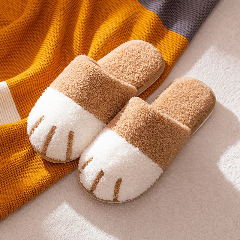 Winter Warm Plush Slippers Cute Cat Paw House Fur Slides Fluffy Shoes Beige Animals - Tophatter Daily Deals
