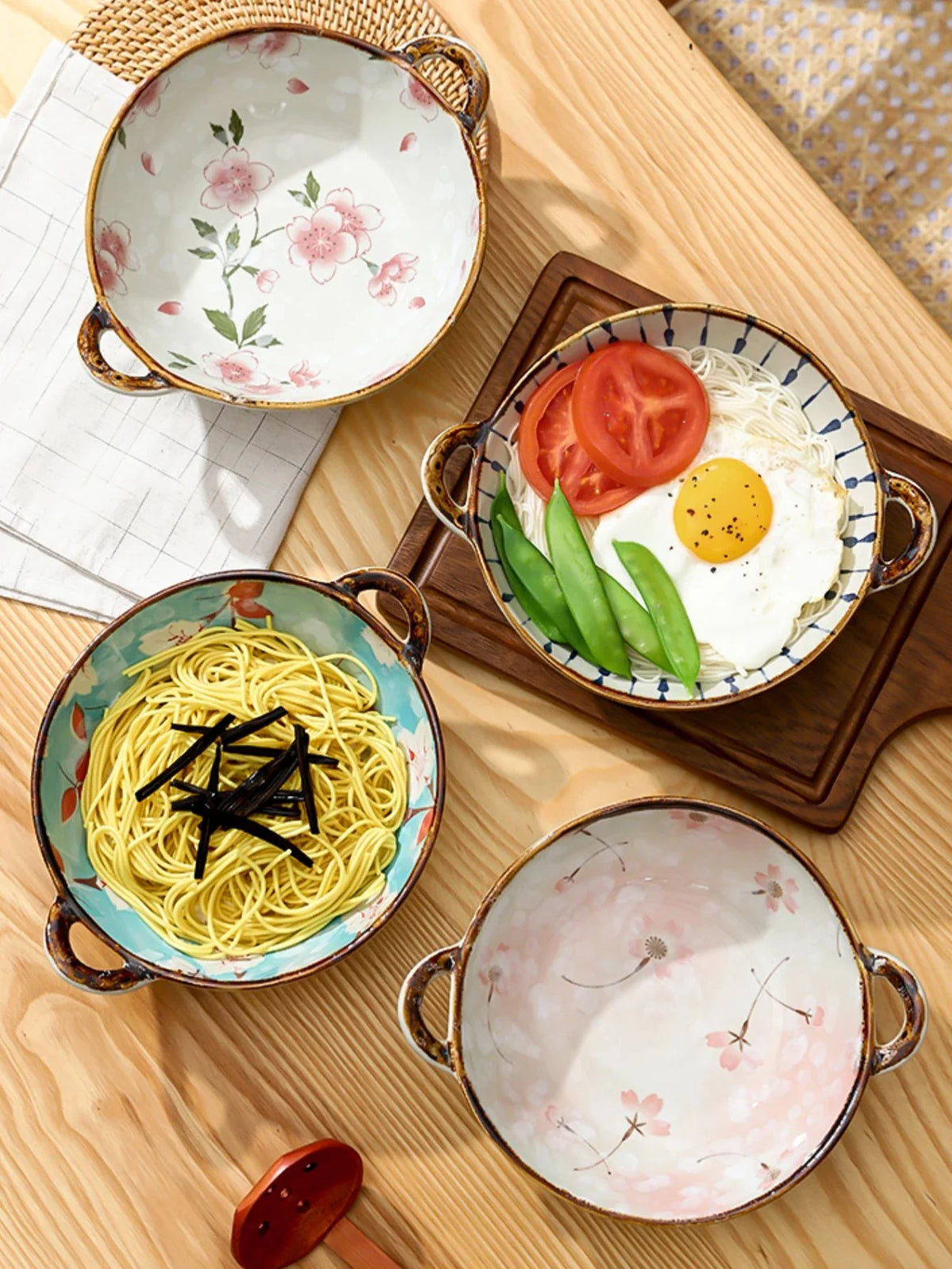 Ceramic 7.5 Inch Noodle Bowl With Handles Floral Porcelain - Tophatter Daily Deals